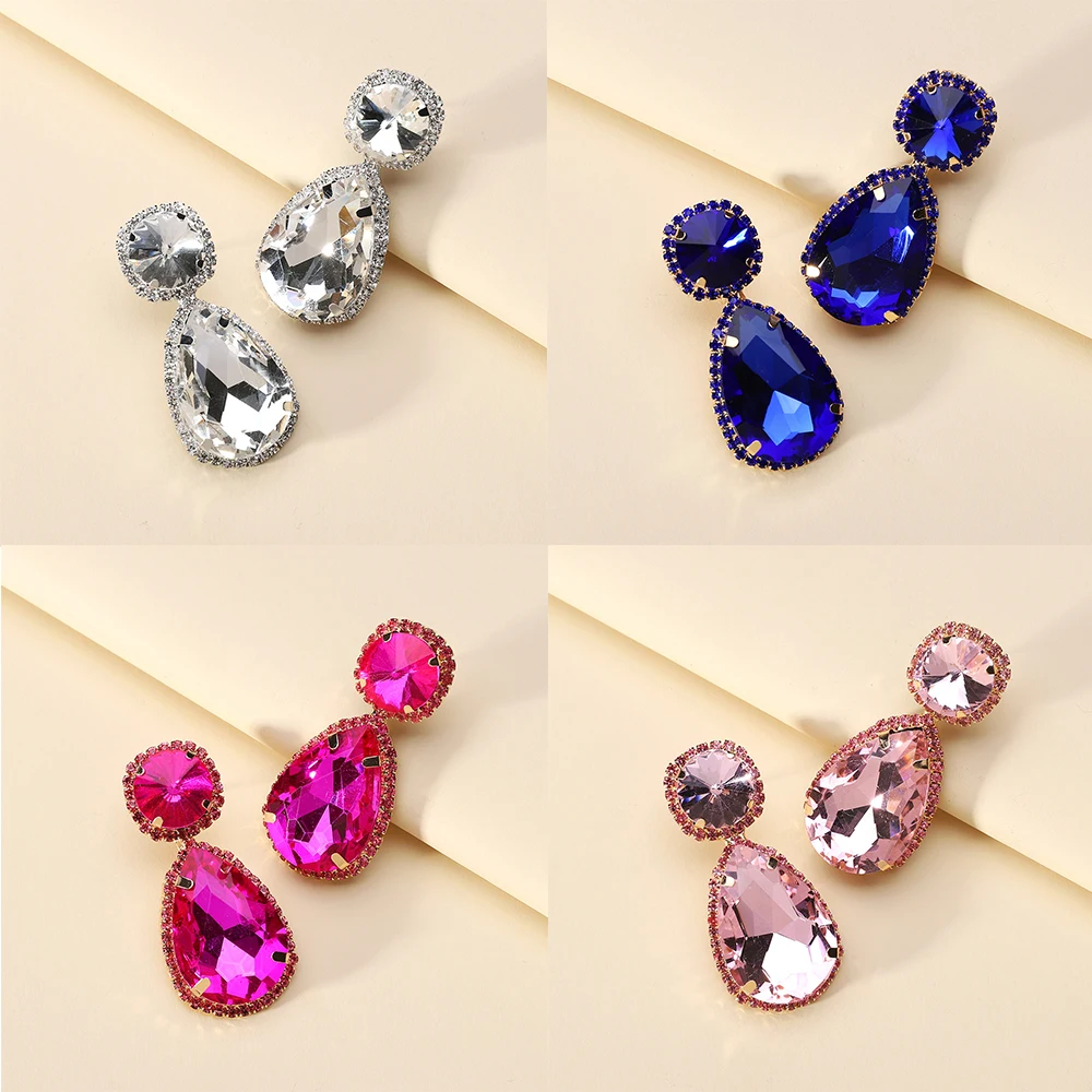 

Wedding Luxury Shiny Crystals Water Drop Glass Dangle Earrings For Women Fuchsia Pendientes Jewelry
