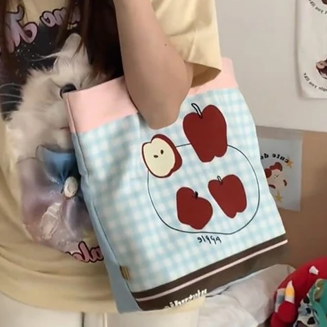 Сумка-тоут женская холщовая в голубую клетку вместительная сумочка-тоут