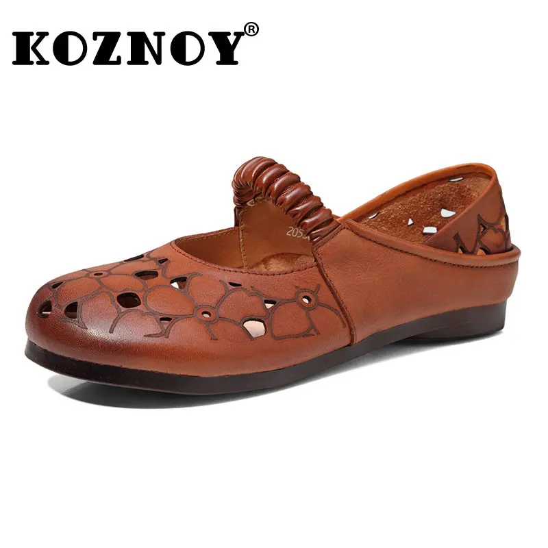 

Koznoy 3cm Ethnic Natural Round Toe Genuine Leather Soft Soled Women Hollow Fretwork Moccasins Summer Flats Loafers Comfy Shoes