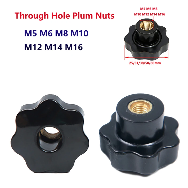 

1pc Plum Bakelite Hand Tighten Nuts M5 M6 M8 M10 M12 M14 M16 Through Hole Handle Black Thumb Nut Clamping Knob Manual Nut