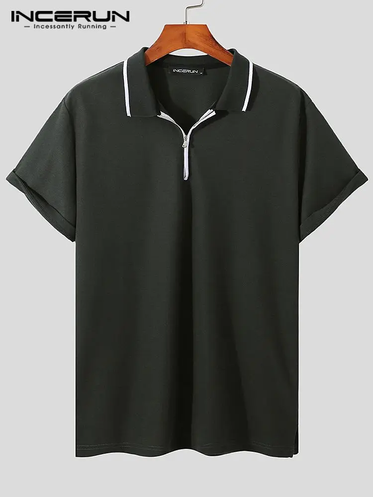 Casual Simple Style Men's Tops INCERUN Loose Comfortable Blouse Male Solid All-match Zipper Short Sleeve Lapel Shirts S-5XL 2022