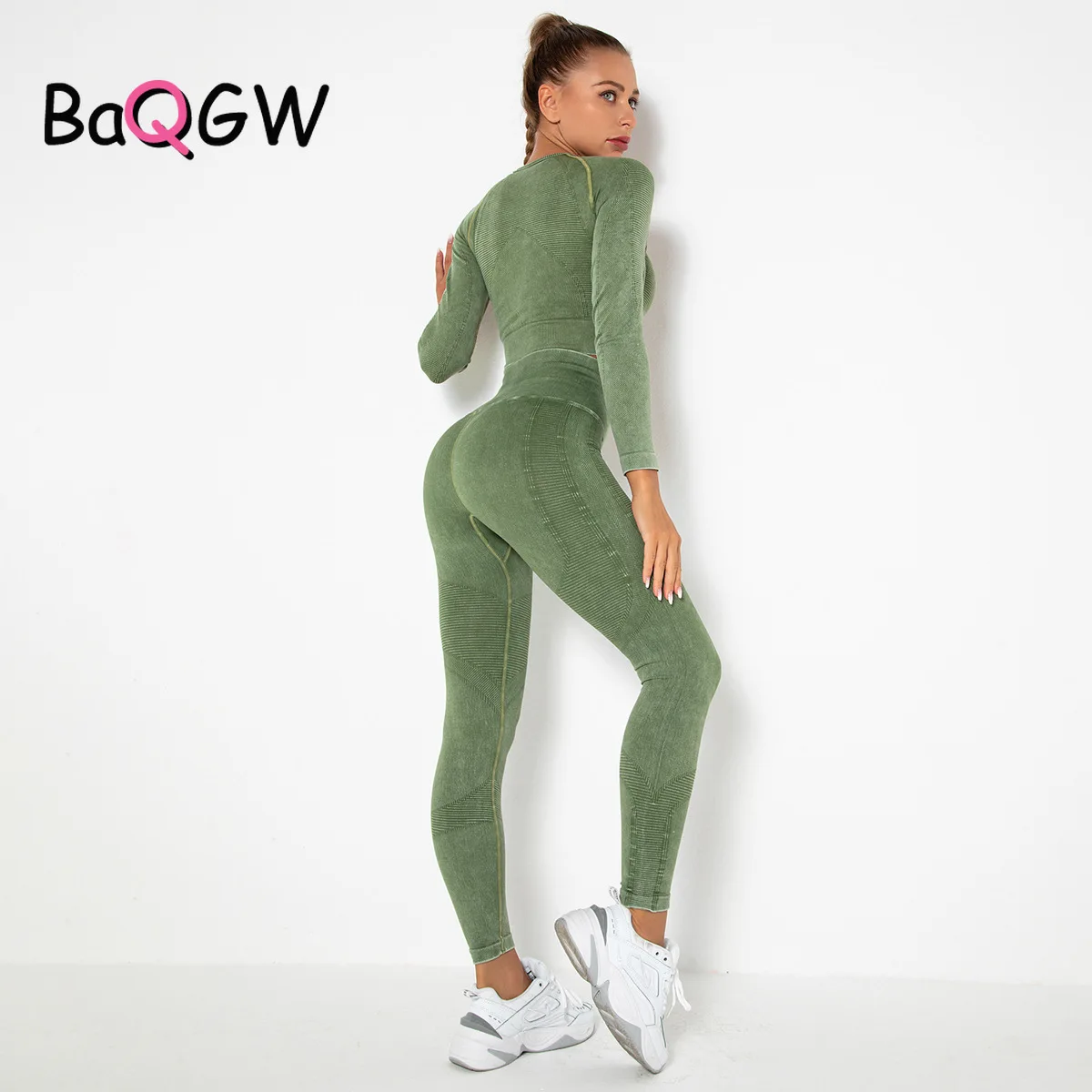 

Бесшовный вязаный женский спортивный комплект BaQGW, однотонный промытый эластичный корсет с высокой талией для подтяжки бедер, леггинсы, спо...