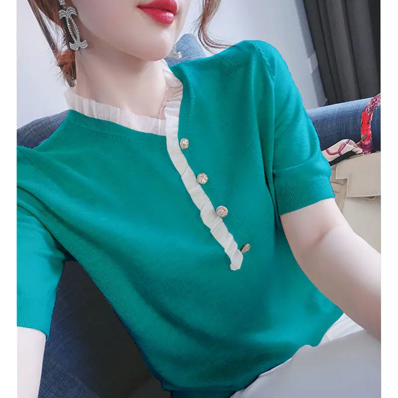 

Elegant Ruffled Neck Lace Spliced Button Oversized Shirt Summer New Casual Pullovers Loose Commute Female Clothing Sweet Blouse