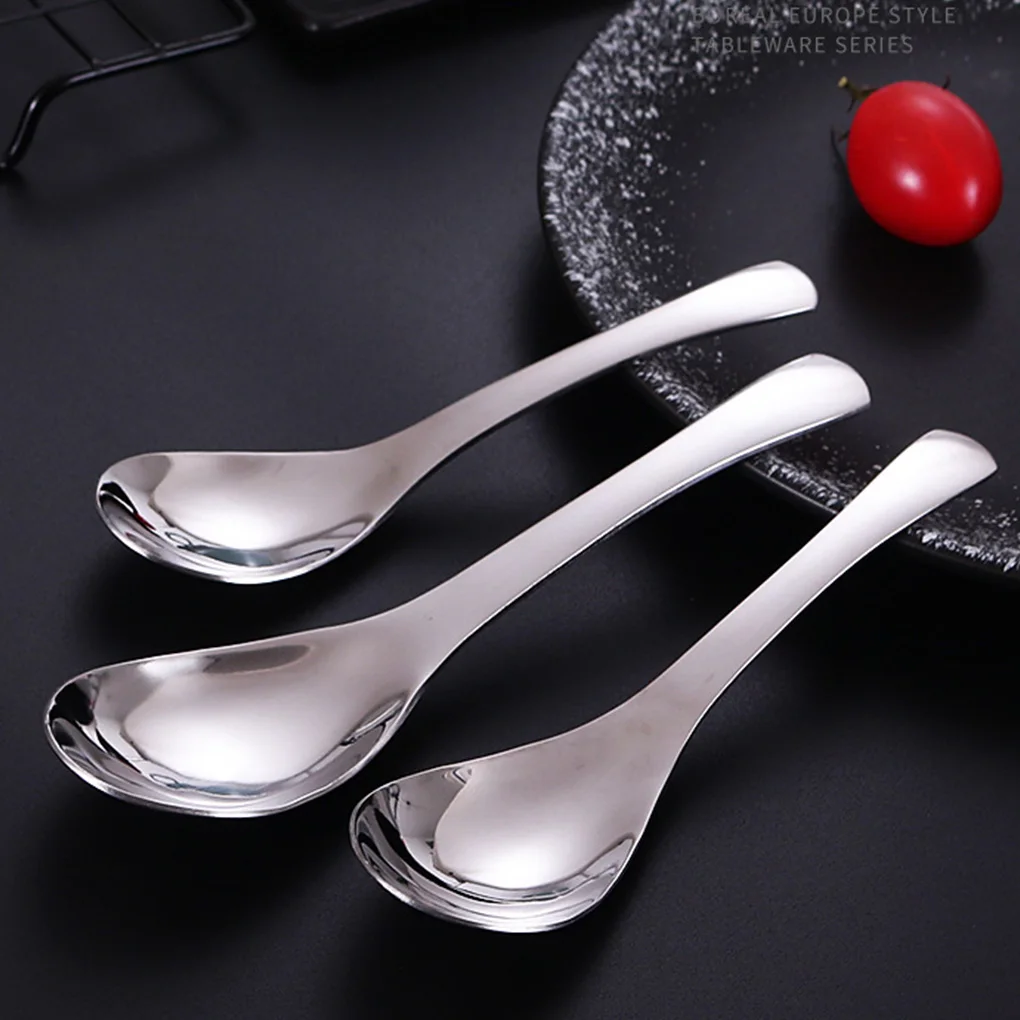 

5 Pieces Stainless Steel Round Head Soup Spoon Rice Scoop Dinnerware Child Adult Dessert Soup Long Handle Tableware