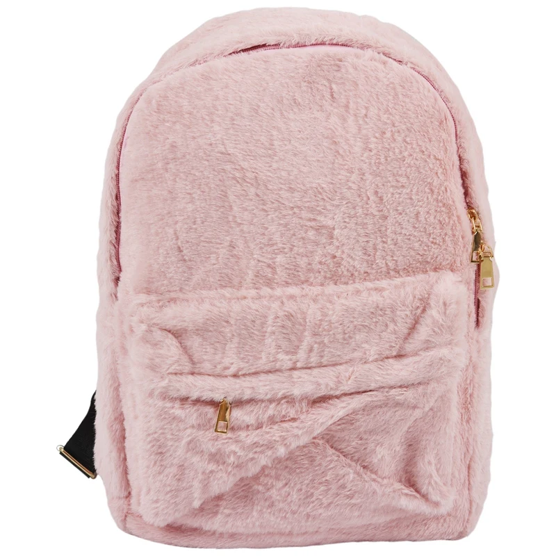 

Women Soft Faux Fur Plush Backpack Shoulder Bag Fluffy School Bag With Heart Pendant (Pink)
