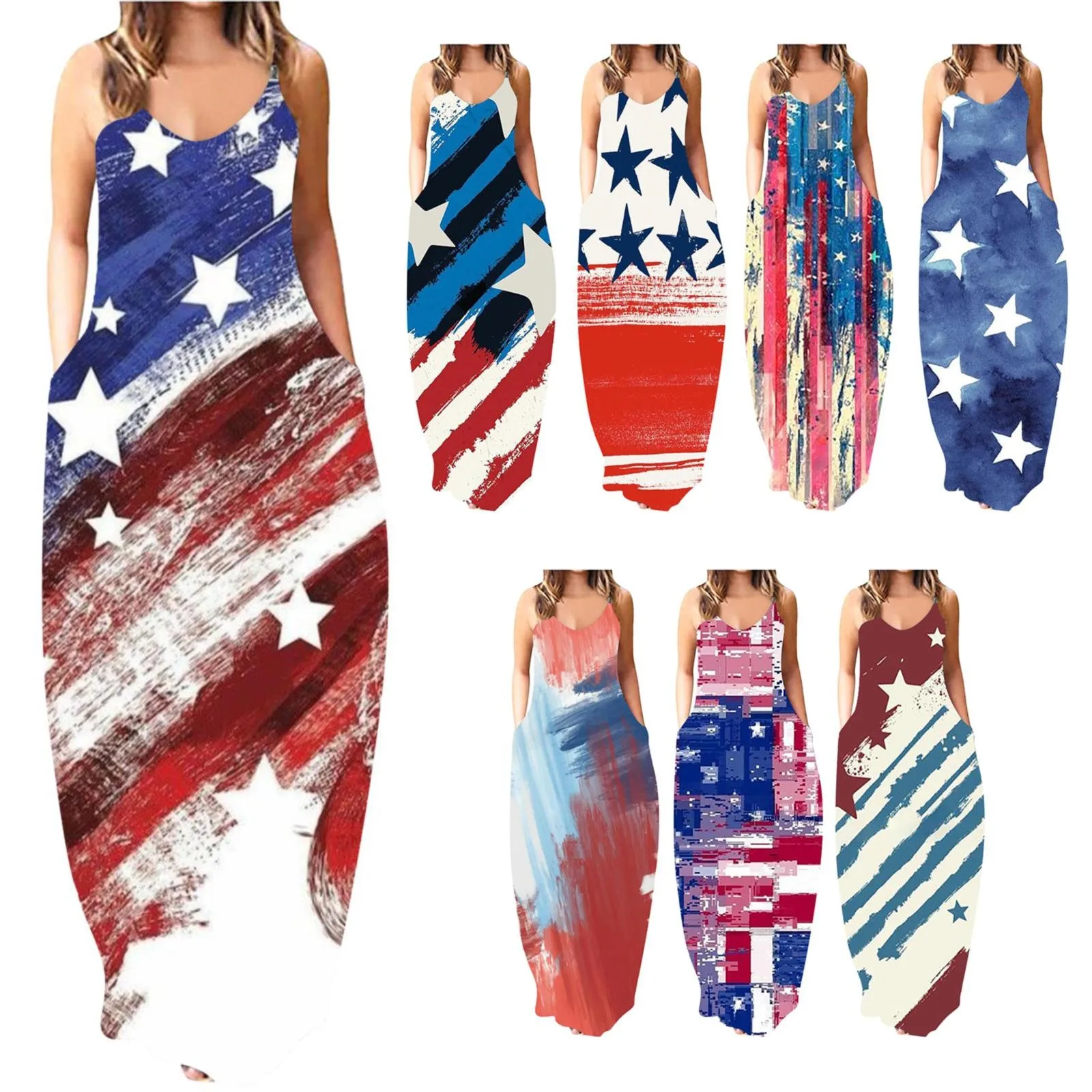 

Independence Day Dress for Women American Flag Printed Independence Day Long Maxi Dresses Sleeveless Summer Cami Dresses