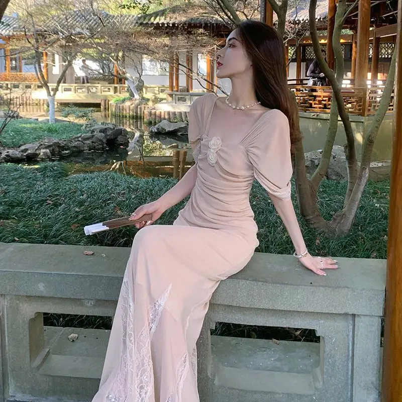 

Женское облегающее прямое платье миди с коротким рукавом, кружевное элегантное платье в стиле пэчворк, летнее платье с воротником-лодочкой, 2023