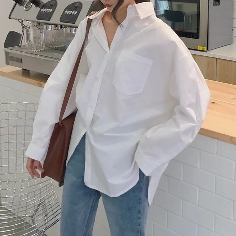 

2022 Spring Autumn Women Shirts White Plain Loose Oversized Blouses Female Tops Loose Korean Style Blusas Pockets