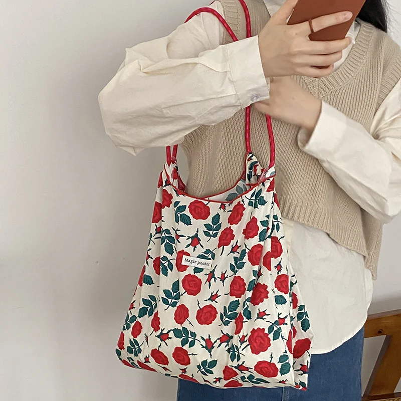 

Ins Small Floral Canvas Shoulder Bag Large Capacity Casual Tote For Women Female Large Capacity Reusable Shoppping Bag 2023 New