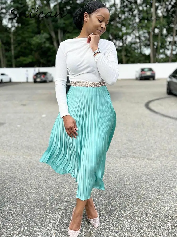 

Women Pleated Skirt Blue Solid High Waist Fashion Summer Loose Casual Long Jupe Femme Elegant Office Ladies Bottom Faldas Mujer