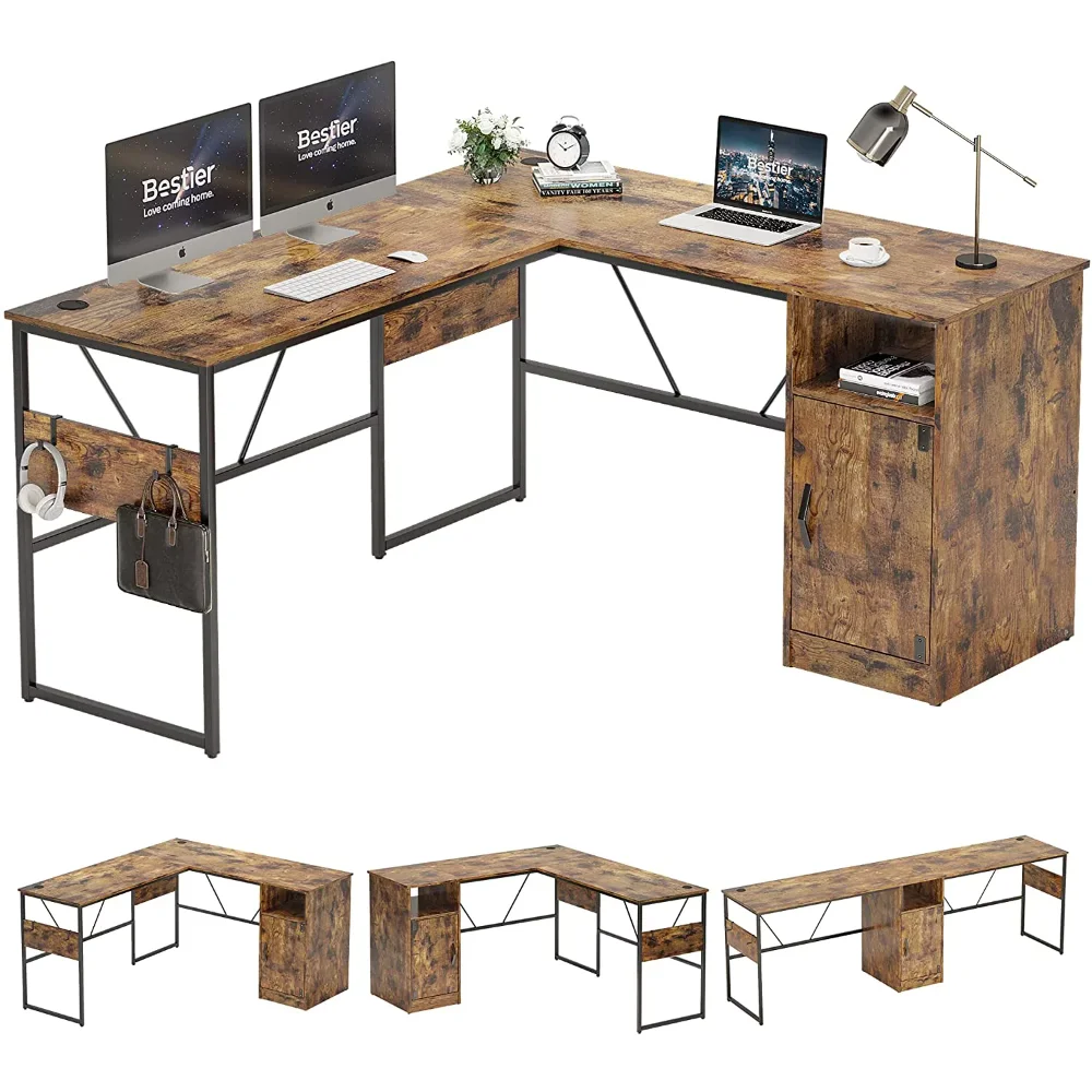 

Компьютерный стол размером 95,2 дюйма L-образной формы с шкафом для хранения, рабочая станция для дома и офиса (деревенский/черный) по желанию