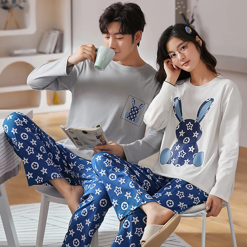 Spring Autumn Knitted Cotton Cartoon Men's Pyjamas Couple Pajama Sets Casual Male Sleepwear Pyjamas Night Pijamas Homewear 4XL