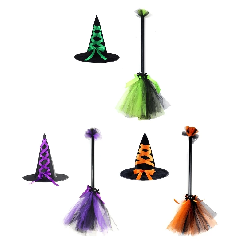 

Unique Witch Broom Witch Hat Halloween Magic Broom Witch Hat Set Halloween Party Accessories for Stage Carnival