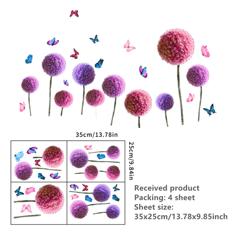 Pink Dandelion Decal Home Wall Decor Self  Adhesive Vinyl Flower Wallpaper Living Room Bedroom Decoration Cute Butterfly Sticker images - 5