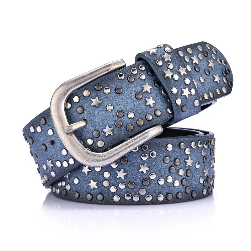 

2022 Fashion Rivet Ladies Genuine Leather Punk Pin Buckle Belt Jeans Casual Belts for Women Luxury Brand Lady Designer Cowboy