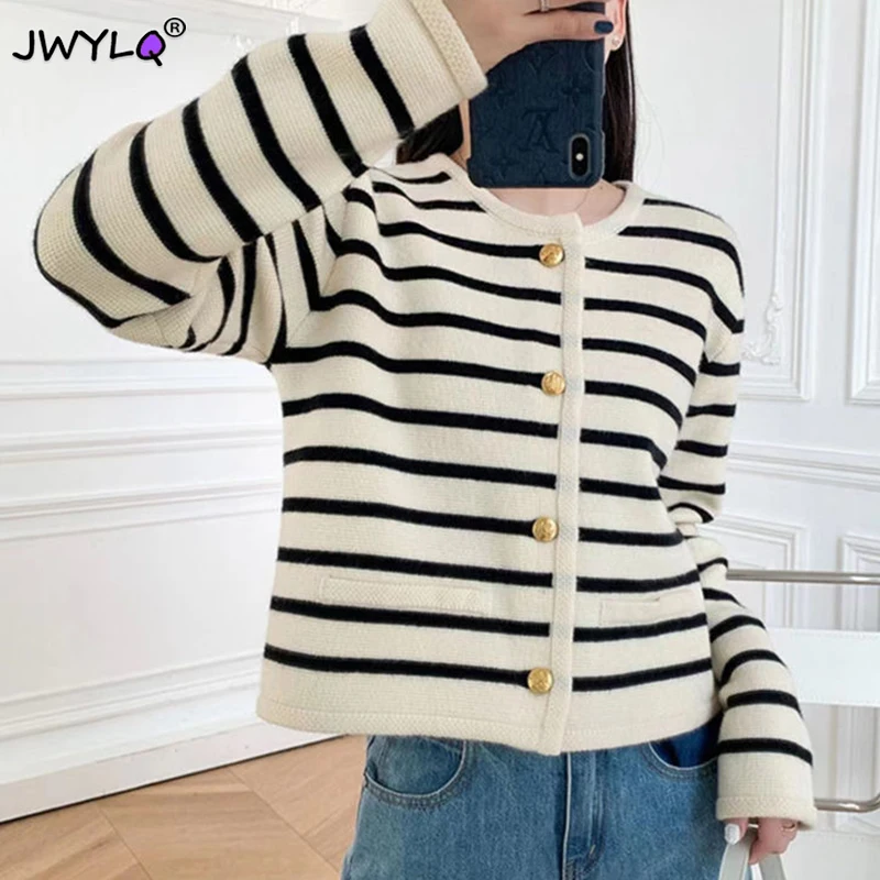 

Однобортный Кардиган с круглым вырезом и длинным рукавом, трикотажный жакет в Корейском стиле, короткий свитер в полоску с длинным рукавом, Женские повседневные топы, 2023