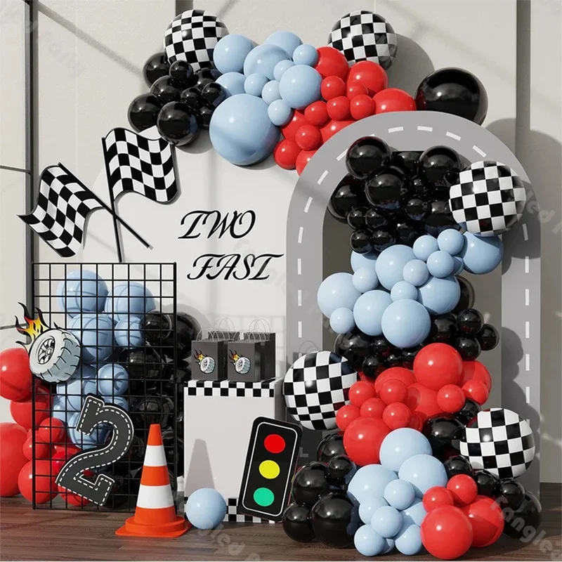 

147pcs Retro Race Car Balloon Garland Kit Red Black 4D Checkered Baby Shower Gender Reveal 1st Birthday Two Fast Party Decor
