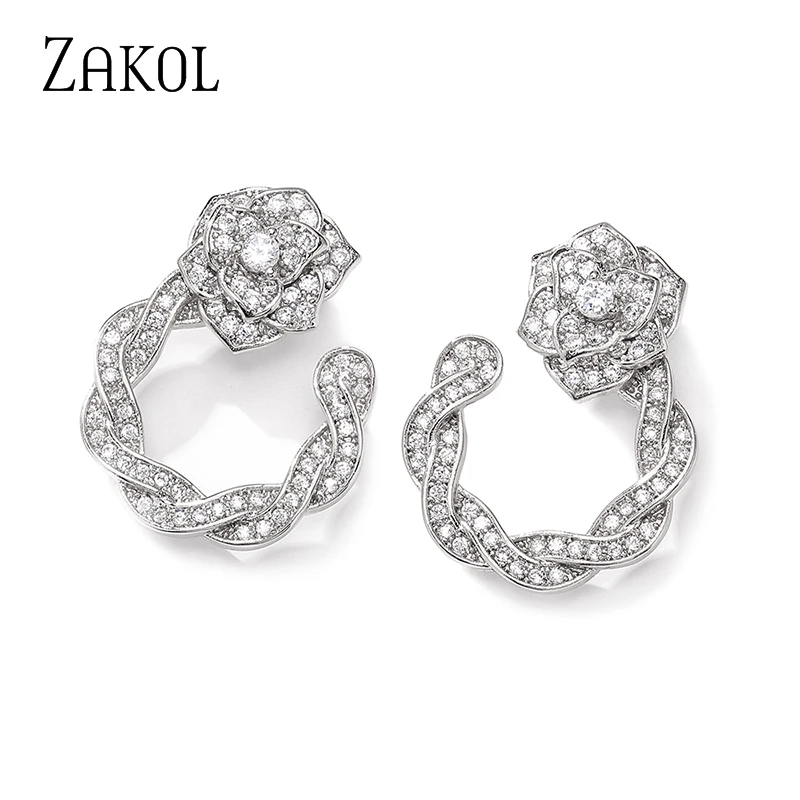 

ZAKOL Newest Korean Delicate Silver Color Micro Inlaid Cz Zircon Rose Flower Shape Stud Earrings Zircon for Women Jewelry EP1116