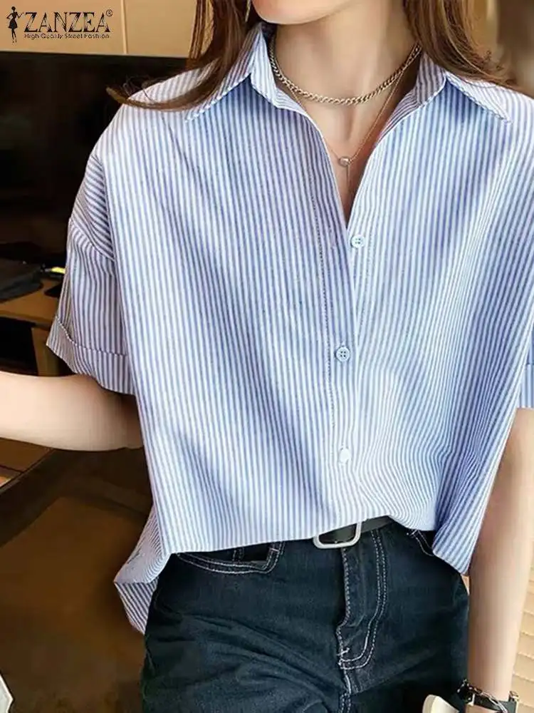 

Women Striped Blouse ZANZEA Summer Fashion Lapel Neck Short Sleeve Shirt OL Work Tops Mujer Casual Elegant Buttons Down Blusas
