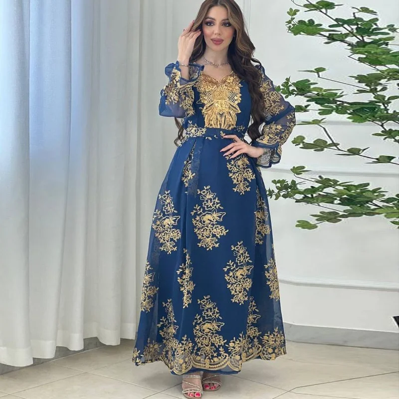 Muslim Fashion Dresses 2023 Spring Summer Muslim Women Long Sleeve V-neck Polyester Embroidery Long Dress Muslim Abaya