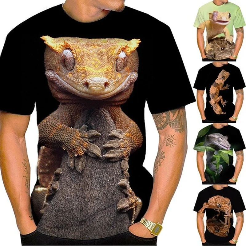 

New Mens T-shirt Funny Crested Leopard Gecko 3D Printing Casual Fashion Summer Animal Lizard Print Unisex Short Sleeve Tops