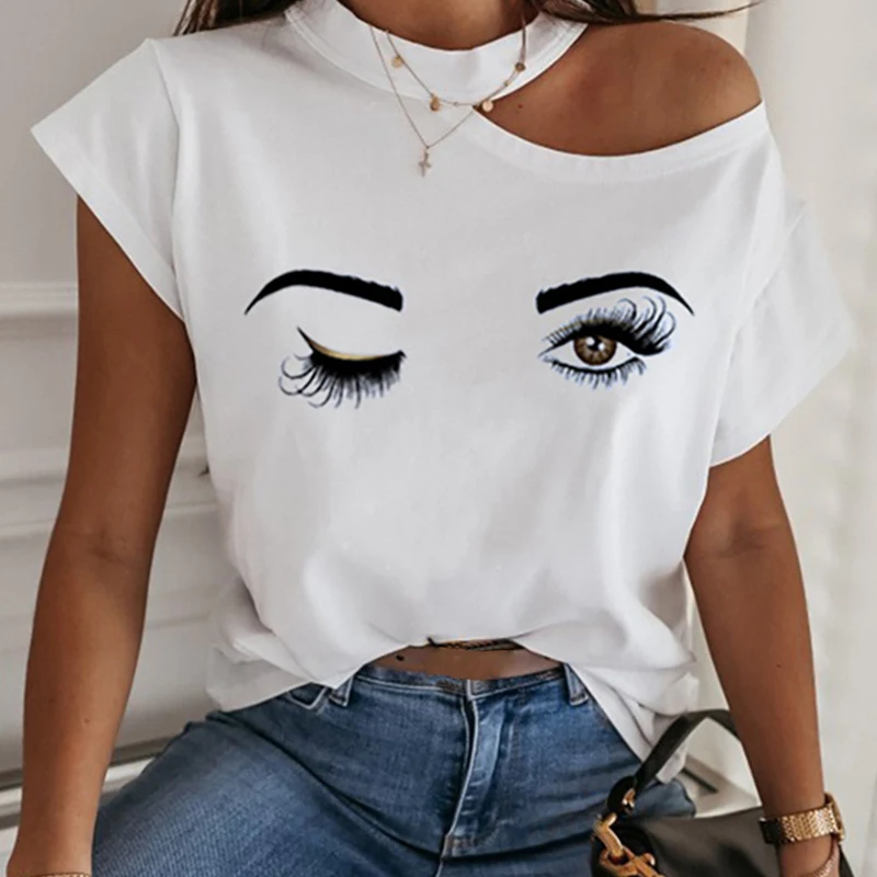 

2023 Summer Fashion Sext Top Vintage Loose Y2k Tees Harajuku Streetwear Shirts Eyes Print Cold Shoulder Casual Graphic T-shirt