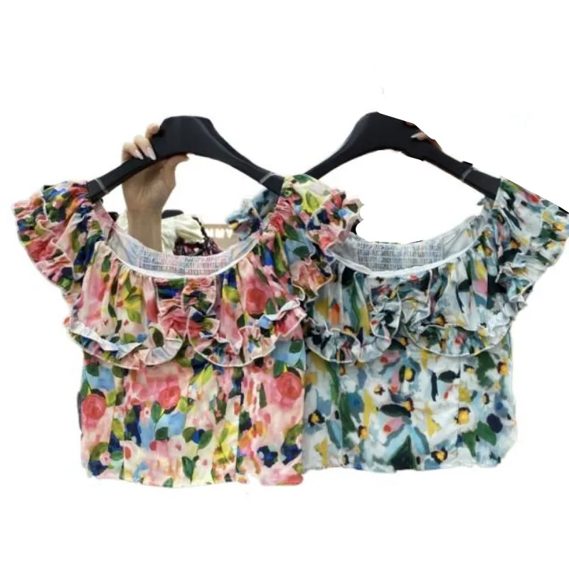 

Рубашка женская с цветочным принтом, элегантная пикантная приталенная блузка из 100% хлопка с вырезом лодочкой, с открытыми плечами и оборками, в Корейском стиле