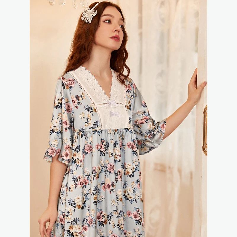 MAYMOLI Fashion Woman Floral Dress Lace V Necknight Dress Women Home Wear Luxury Sleepwear Temperament Nightwears for Ladies