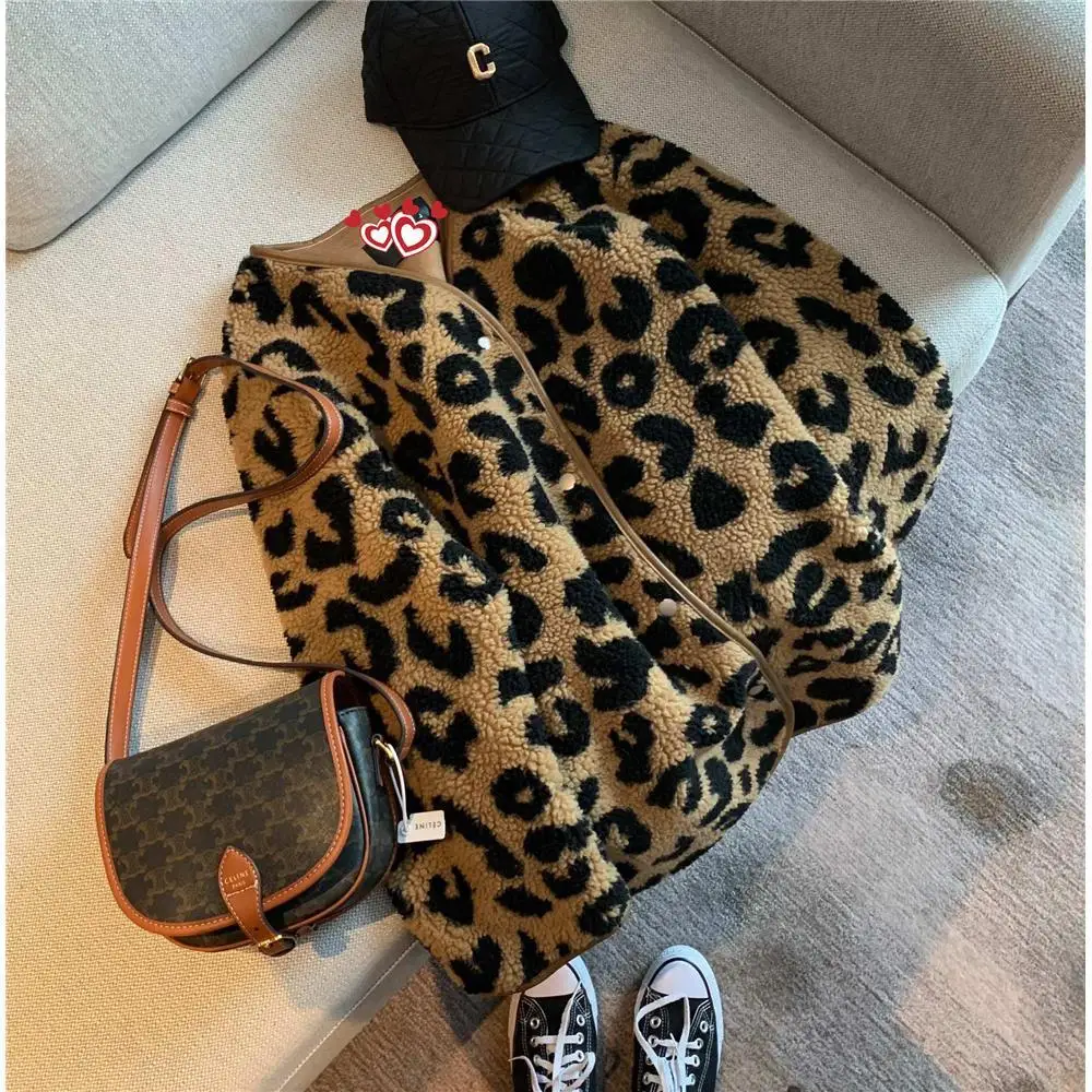 Leopard Print Fur One Short Coat Women's Autumn  Winter 2022 Korean Fashion Loose Casual Faux Fur Coat Girl Top Clothes