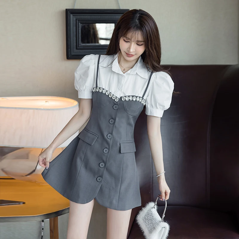 

Новое модное женское платье-рубашка с имитацией двух частей в стиле пэчворк шикарные корейские платья-трапеции женские летние платья