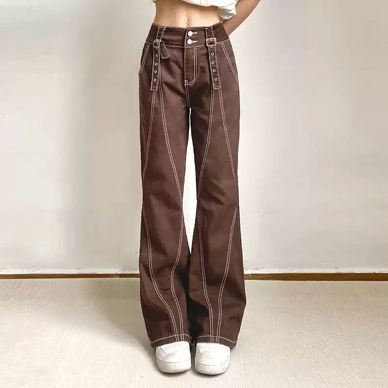 American Retro Brown Jeans Woman High Waist Y2k Flare Denim Trousers Korean Fashion Straight Pants Streetwear Personalized Jeans
