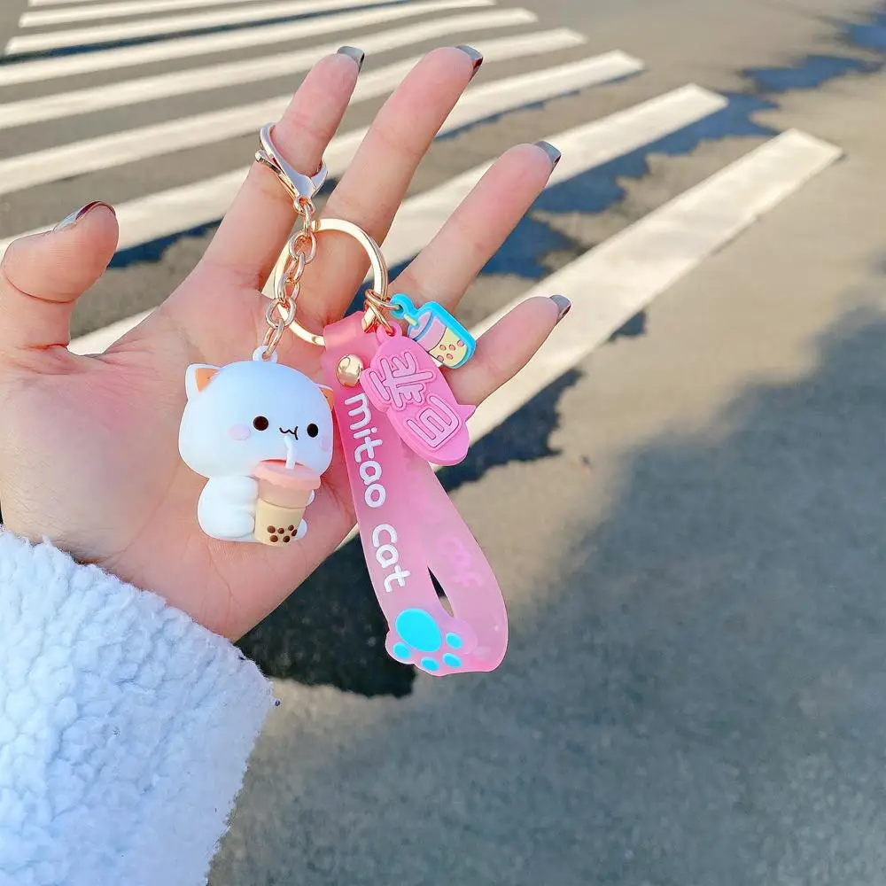 Cute Mitao Cat Keychain Charm Tie The Pendant For Women Bag Car KeyRing Mobile Phone Fine Jewelry Accessories Kids Girl Gift