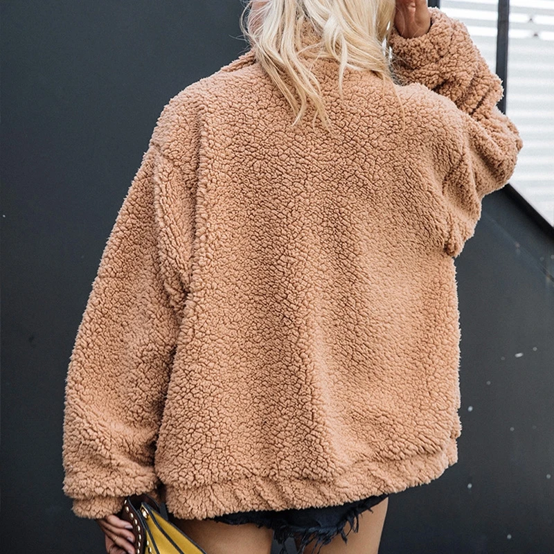 fur tops short women's high neck teddy bear coat, zipper loose h jacket, warm and strong clothing, imitation sheepskin coat,