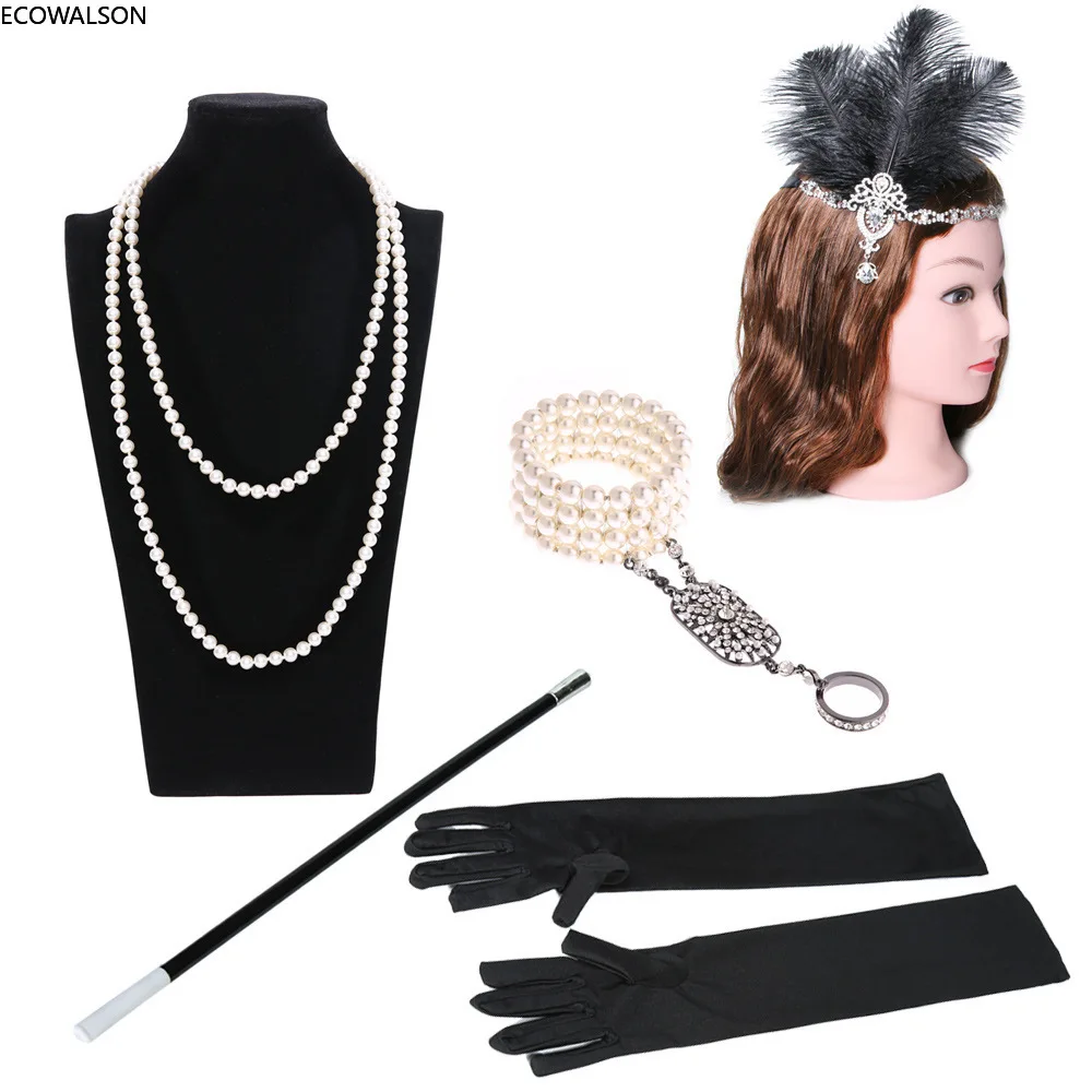 

1920S 20S Gatsby Feather Headband Charleston Flapper Fancy Dress Costume Accessories Diamond Rings Headpiece Bracelet Jewelry