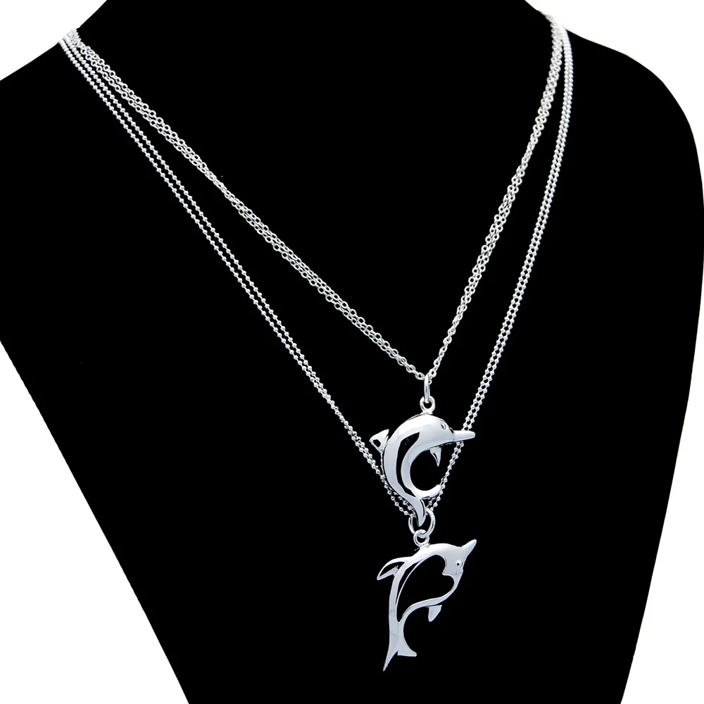 

Fashion dolphin pendants necklace 925 sterling silver dolphins necklace for womne O chain snake chain female accessories