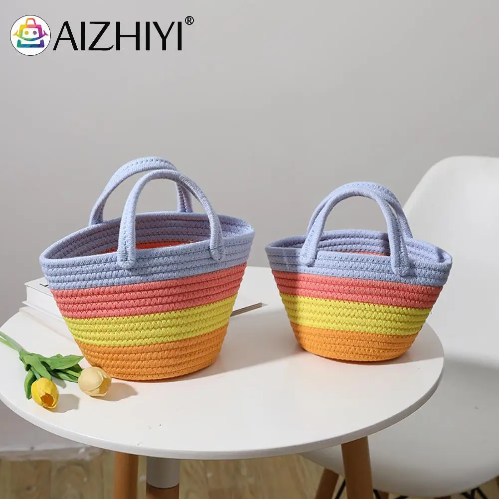

Миниатюрная Женская Хлопковая сумка в цветную полоску, милая плетеная пляжная сумочка-тоут для отдыха на море, маленькая корзина для дам