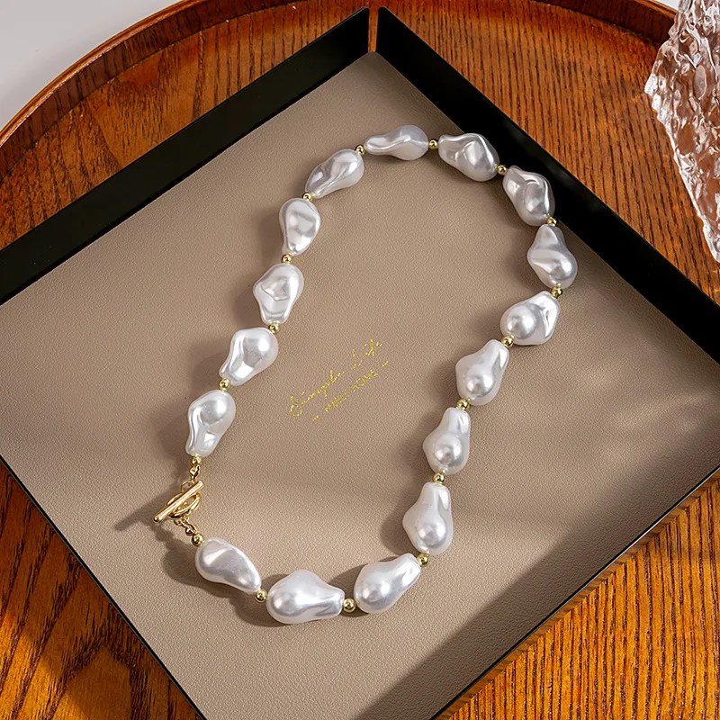 

Minar Punk Oversized Baroque Pearl Necklace for Women Gold Toggle Clasp Circle Irregular Pearls Beaded Chain Choker Necklaces
