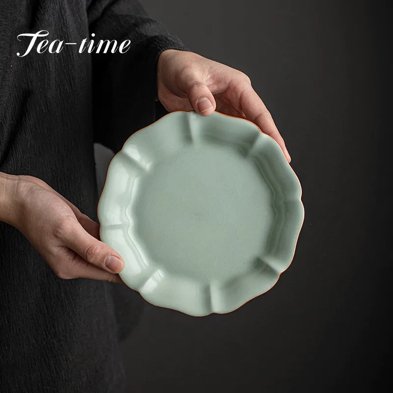 

Azure Ru Kiln Porcelain Pot Bearing Plate Dry Brewing Table Retro Raising Pot Pad Holder Ceramic Snack Tray Kung Fu Accessories