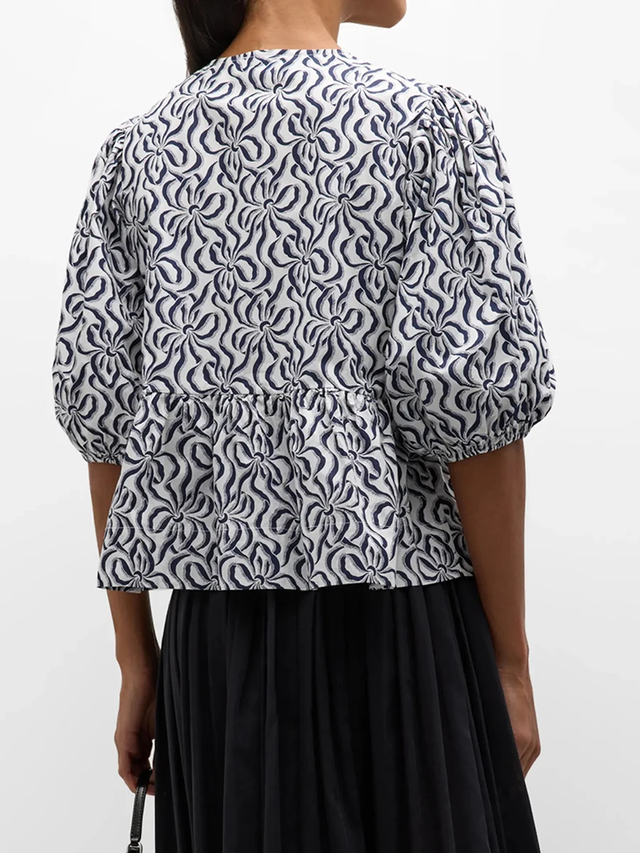 Женская блузка с завязкой свободная пышными рукавами круглым вырезом оборками