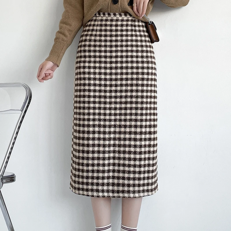 

Flectit Tweed Midi Skirt Womens Thic Wool High Waist With Slit Houndstooth Suit Skirt Autumn Winter Ladies Workwear