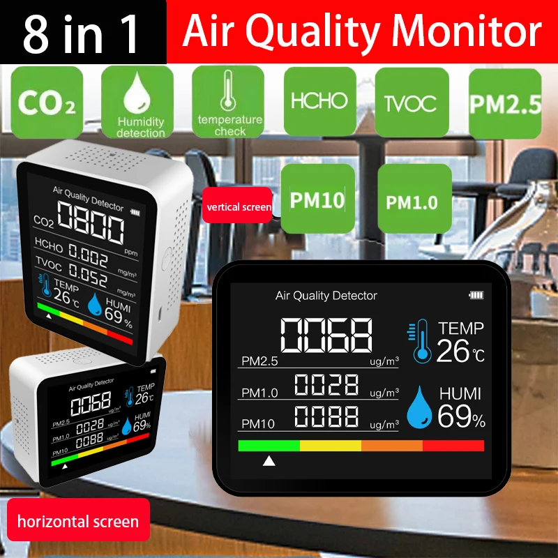 8 In 1 CO2 Meter Detector Multifunctional Thermohygrometer Home Intelligent Gas Analyzer Household Digital Air Pollution Monitor |