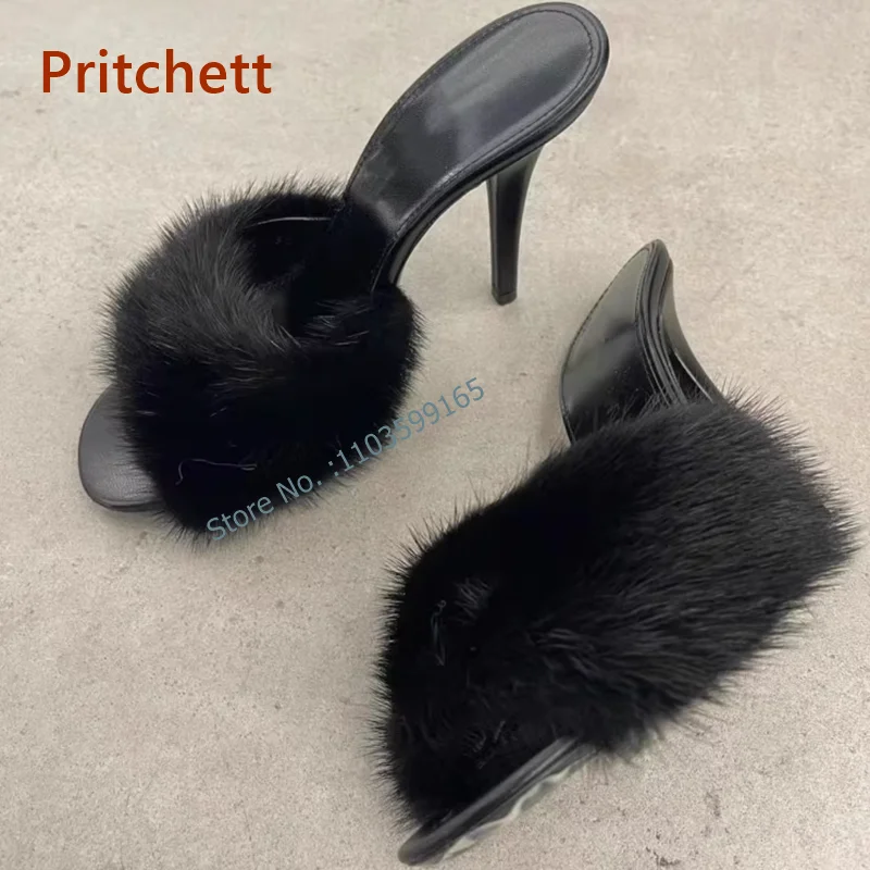 Меховые шлепанцы с открытым носком на тонком каблуке из норки без застежки