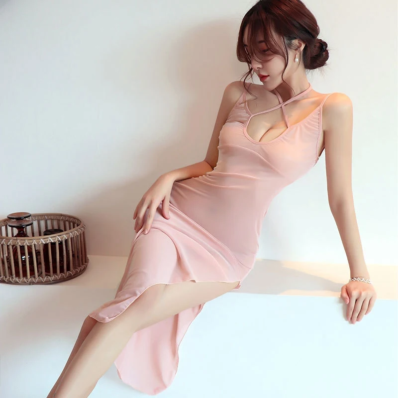 

Women Backless Perspective Night Summer Nightwear Exotic Cosplay Costume Lingerie V Neck Bandage Night Dress Sexy Nightgown