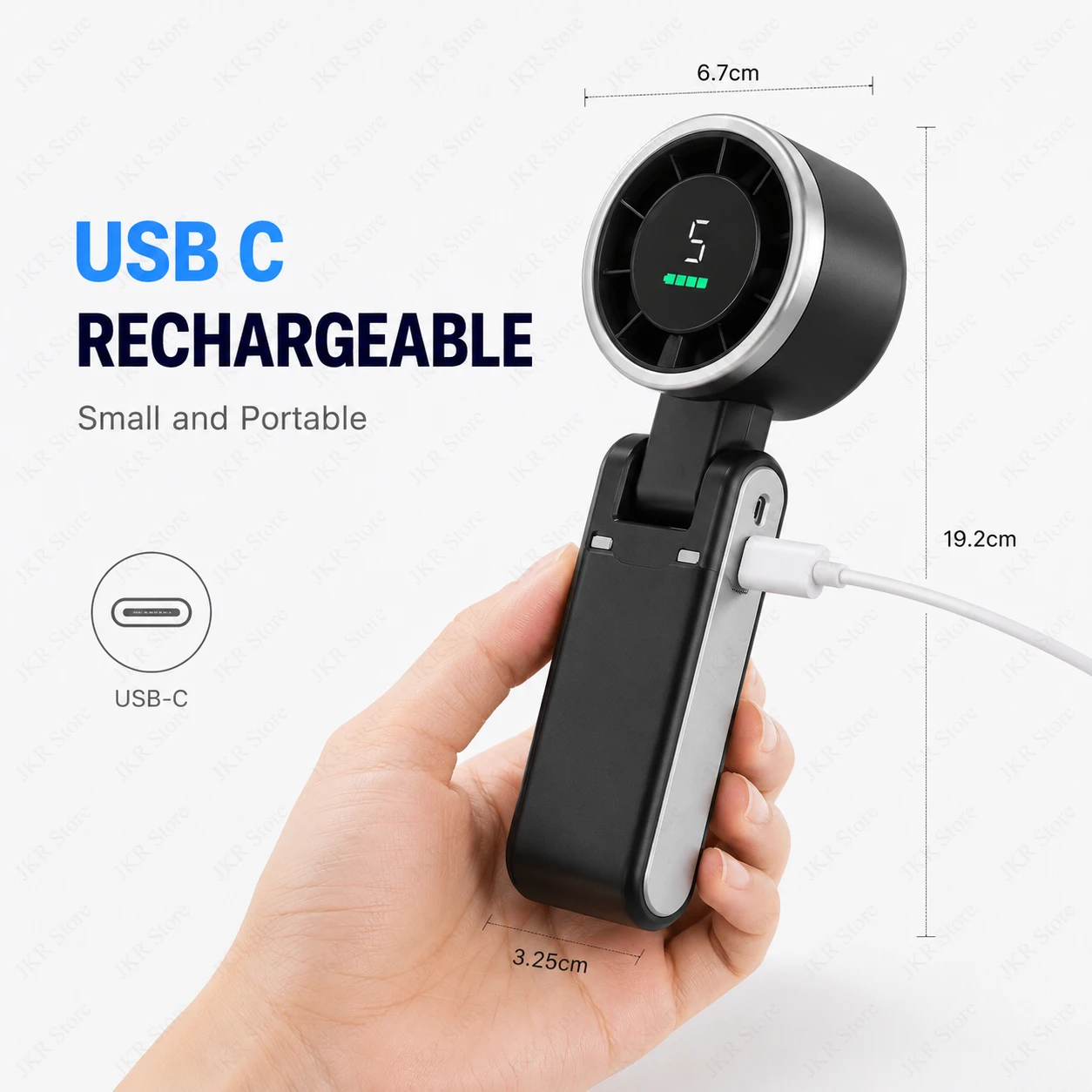 Фото Портативный ручной мини-вентилятор с 5 скоростями, складной, USB-перезаряжаемый, настольный, с функцией охлаждения, для ношения на шее, с подставкой для телефона и дисплеем №2