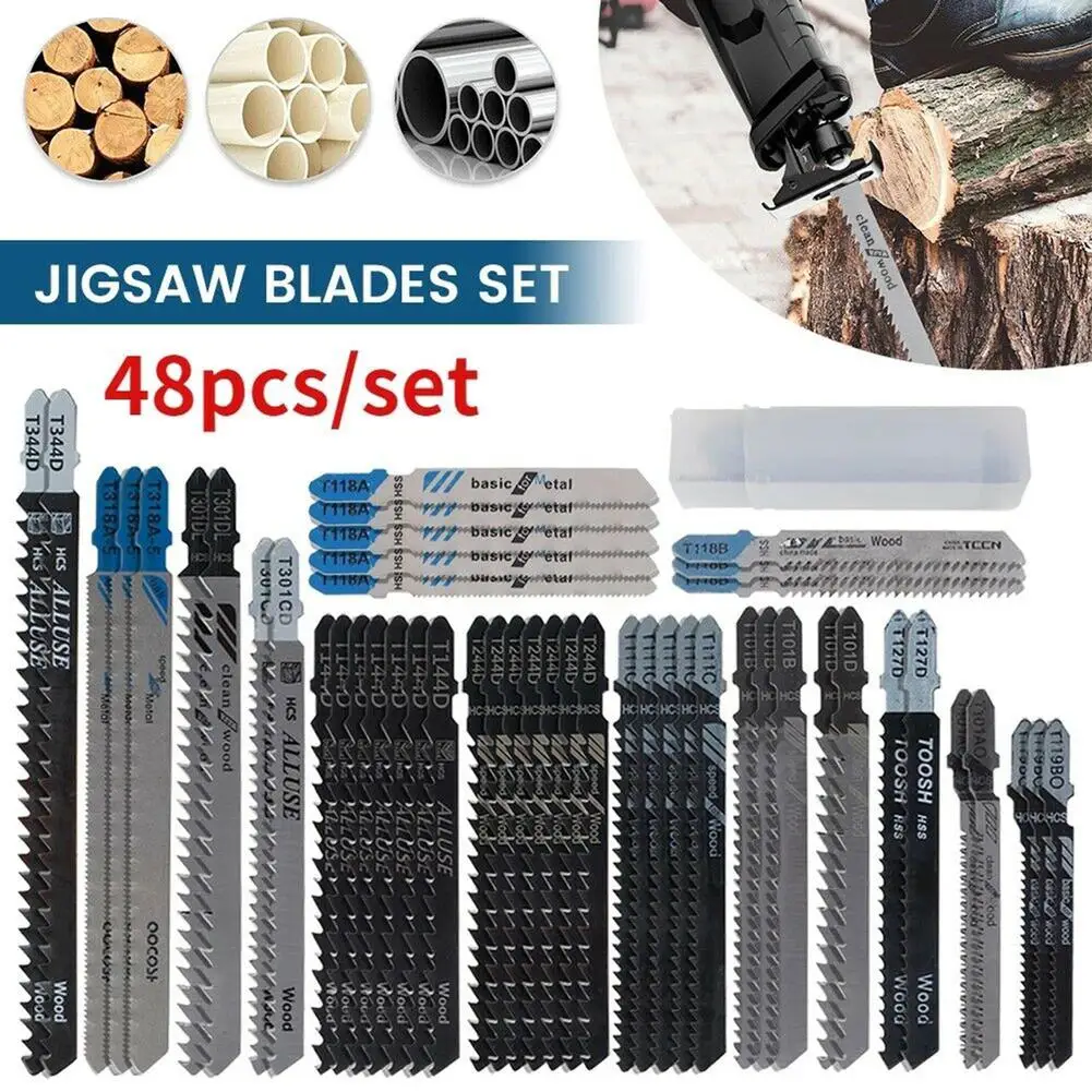 

48Pcs Professional Jigsaw Blades Set T-Shaft Assorted Jig Saw Blades For Metal Wood Plastic Cutting Including Plastic Box