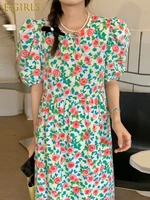 e girls women o neck rose printed dress 2022 korean chic summer retro elegant high waist slim puff sleeve long dresses female