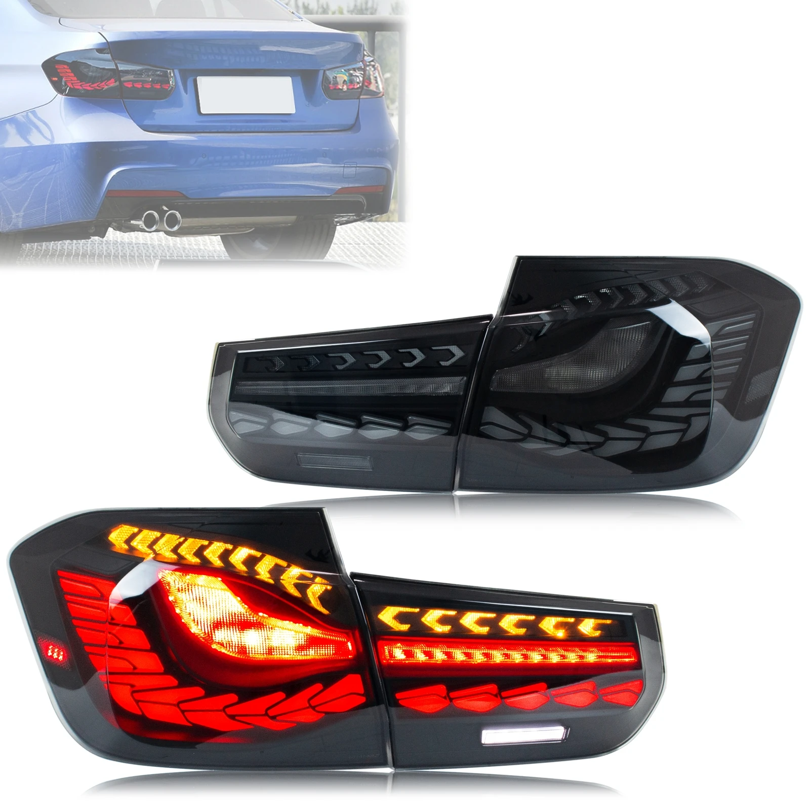 Фото Светодиодные задние фонари GTS для BMW 3-й серии F30 F80 M3 2011-2018 с последовательным сигналом поворота, анимацией при запуске, черные задние фонари в сборе №1