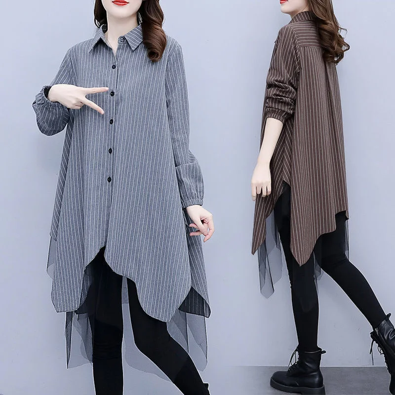 

Button Up Designer Lolita Shirt Fat Women Niche Mesh Splicing Spring Dress Large Long Sleeve Fashion Tops Korean Vertical Stripe