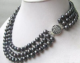 

3 Rows Genuine Black Pearl 925 Sterling A Fortune Clasp Necklace