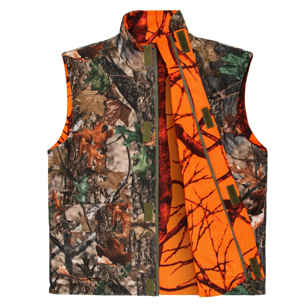 GUGULUZA M-4XL Orange Camo Hunting Vest for Men, Fleece Game Reversible Waistcoat Sleeveless Jacket Outdoor Camouflage Clothing